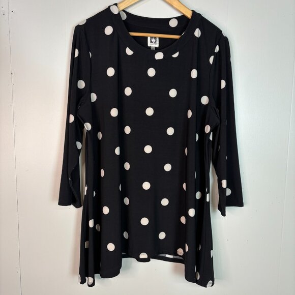 Anne Klein Top 1X Black Polka Dot Stretch Jersey Blouse 3/4 Sleeve Women's - Picture 1 of 12